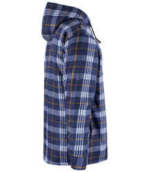 Warm fleece men's plaid shirt with hood insulated with faux fur