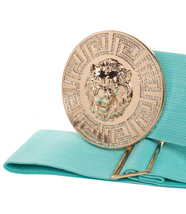 Women's belt with a gold lion and zircons, adjustable and elastic