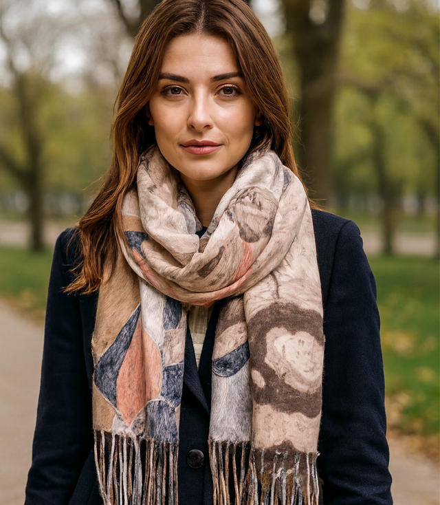 Women's scarf with floral motif and tassels elegant