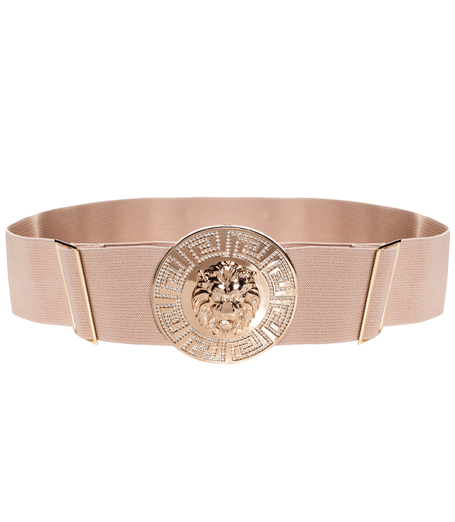 Women's belt with a gold lion and zircons, adjustable and elastic