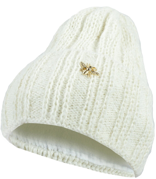 Warm women's beanie hat with fleece and a golden bee