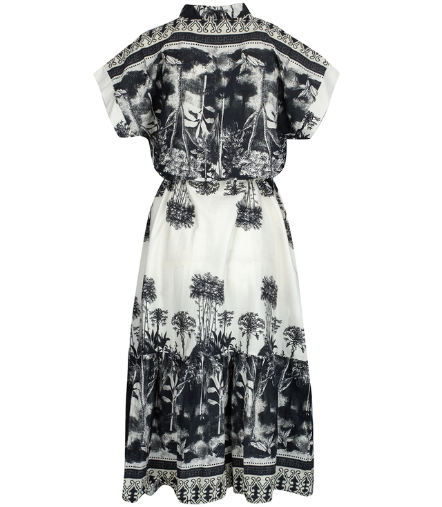 Midi safari print summer dress with a stand-up collar and a NEL belt