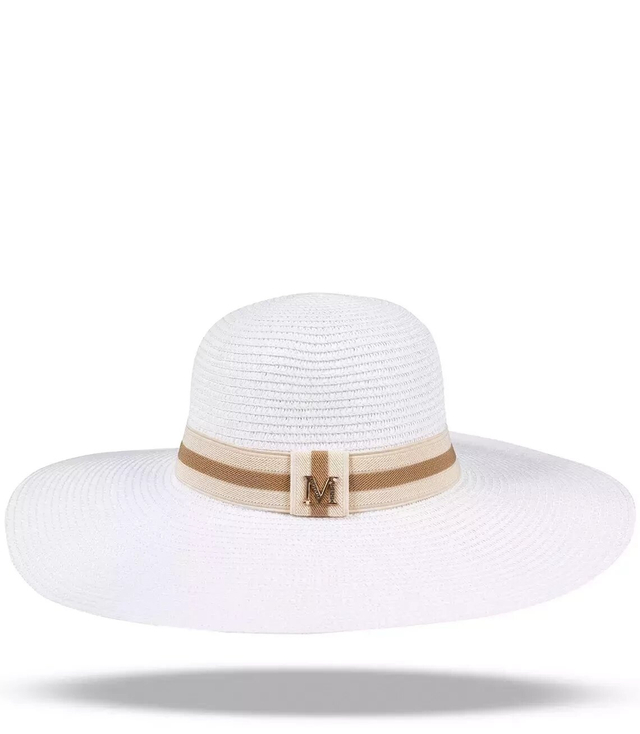 Large women's straw hat with a ribbon and the letter M