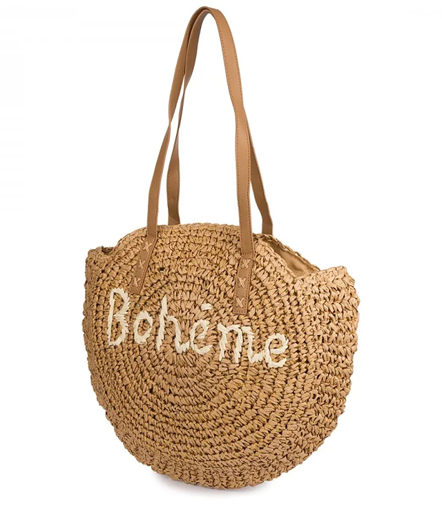 Round braided boho handbag with "Bohème" lettering