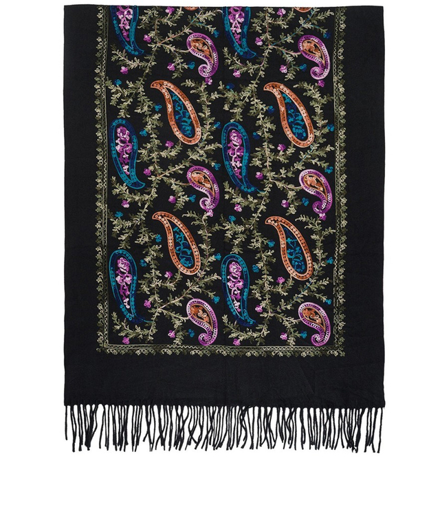 Women's scarf with embroidered pattern and tassels