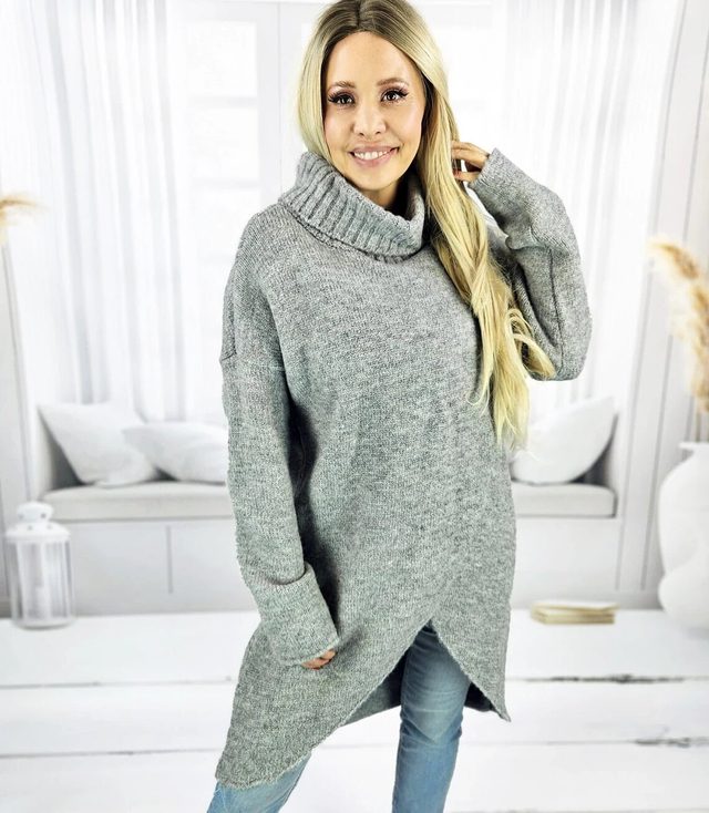 Warm womens turtleneck sweater with a slit MARIETTA, wool