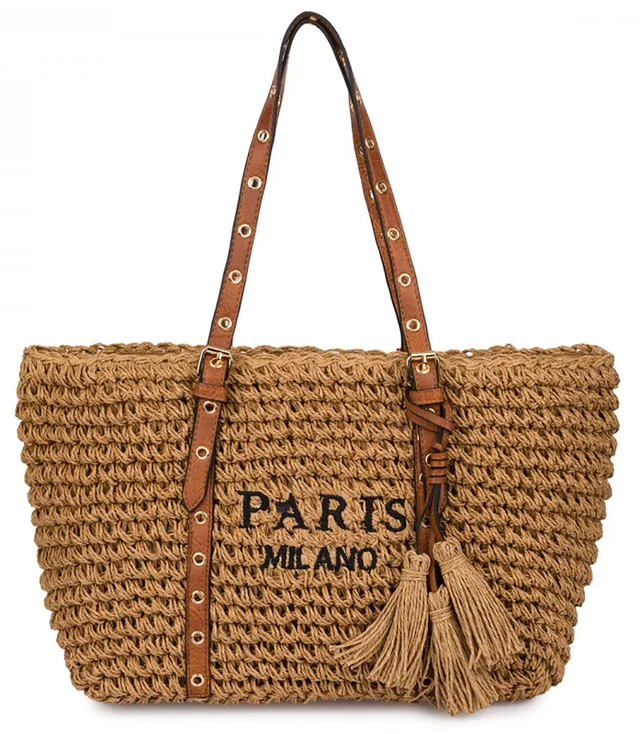 Stylish boho handbag with decorative studs and tassels