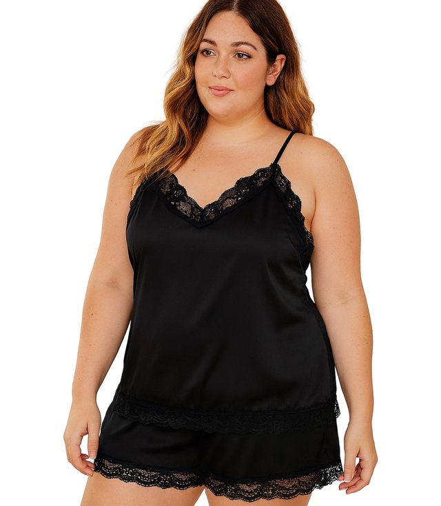 Satin pajama set with lace shorts top petticoat
