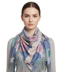 Multicolored elegant women's floral scarf with tassels
