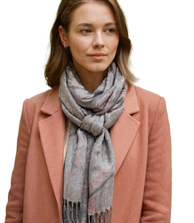 Women's scarf with a motif of small flowers tassels