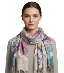 Women's scarf with watercolor delicate pattern and tassels