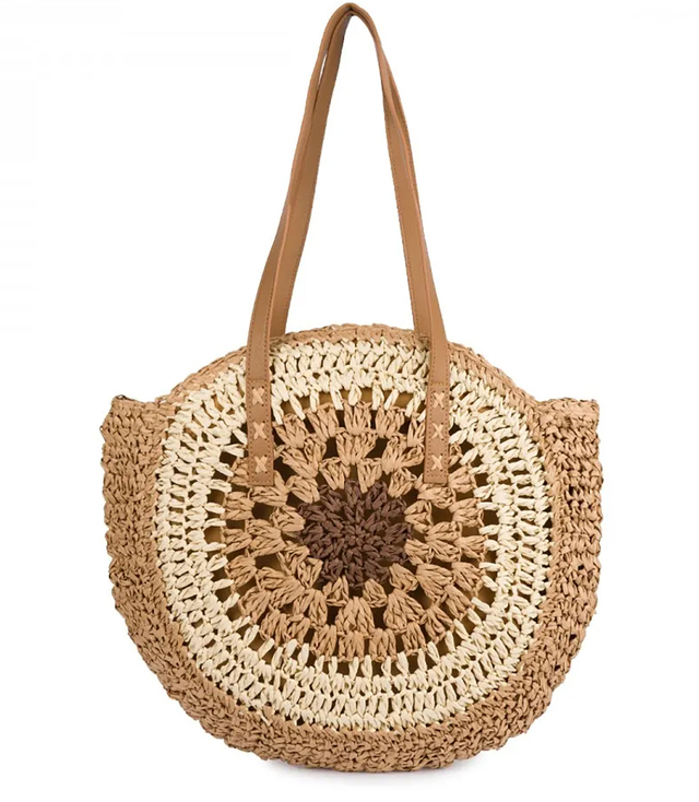 Large round braided handbag with openwork pattern