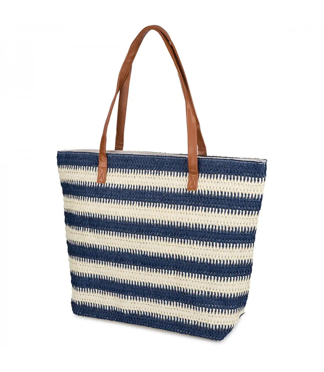 Large braided striped shoper bag with zipper closure