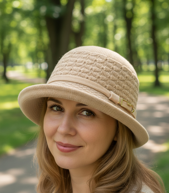 Women's hat with decorative strap and buckle