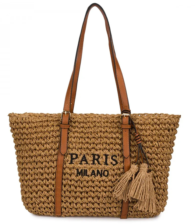Braided boho handbag with tassels and lettering PARIS MILANO