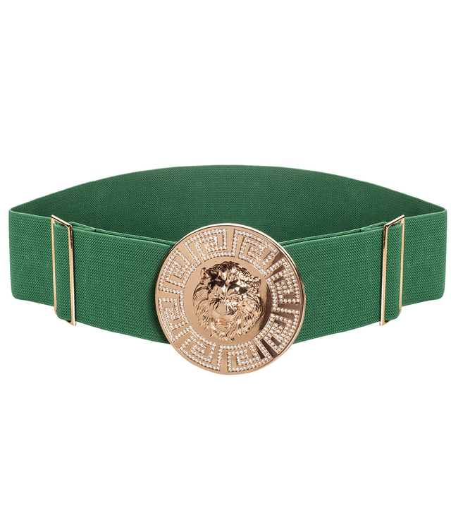 Women's belt with a gold lion and zircons, adjustable and elastic