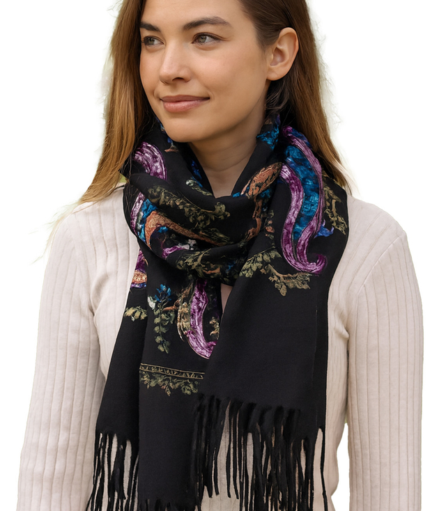 Women's scarf with embroidered pattern and tassels
