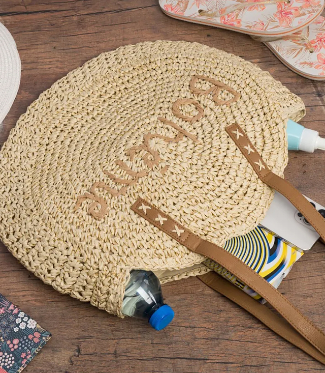 Round braided boho handbag with "Bohème" lettering