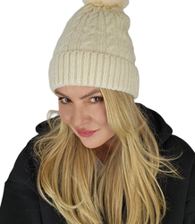 Warm women's cap with pom-pom autumn winter monochrome hat