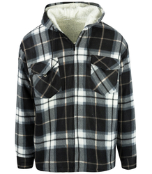 Warm fleece men's plaid shirt with hood insulated with faux fur