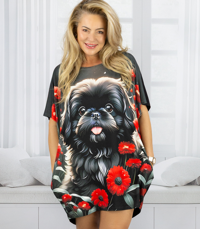 Black tunic dress with colorful print and pockets PERLA
