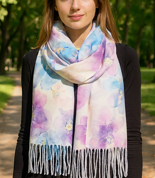 Women's scarf with floral motif and tassels elegant