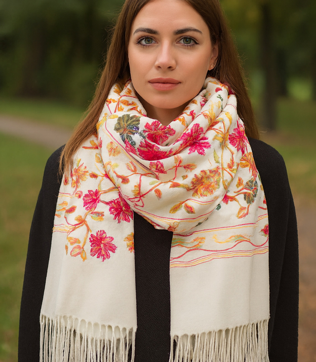 Women's folklore scarf with flower motif and tassels