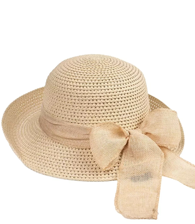 Openwork straw hat with wide ribbon bow