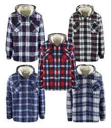 Warm fleece men's plaid shirt with hood insulated with faux fur