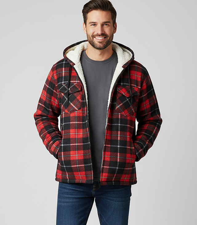 Warm fleece men's plaid shirt with hood insulated with faux fur