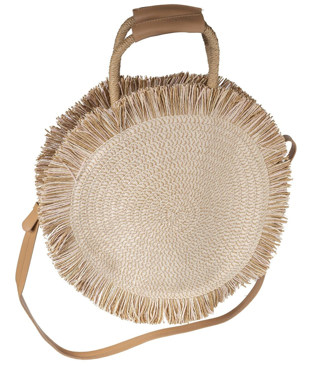 Large round straw beach bag with tassels