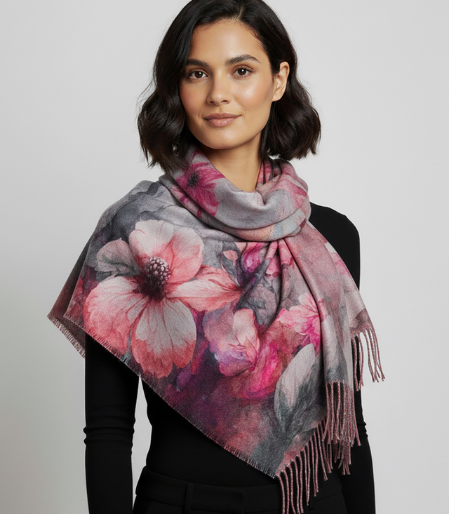 Elegant scarf large flowers with tassels