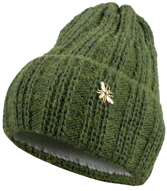 Warm women's beanie hat with fleece and a golden bee