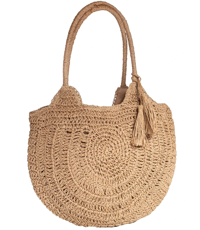 Large round straw beach bag, fully woven
