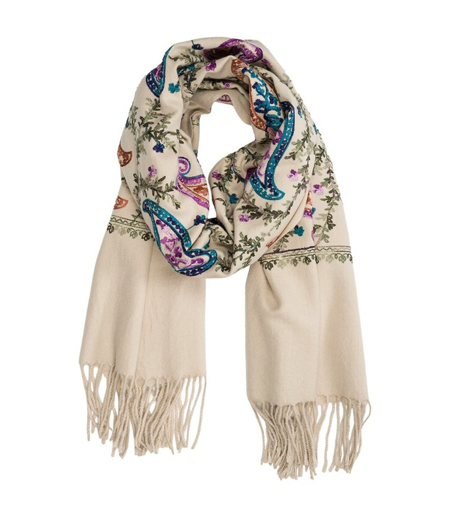 Women's scarf with embroidered pattern and tassels