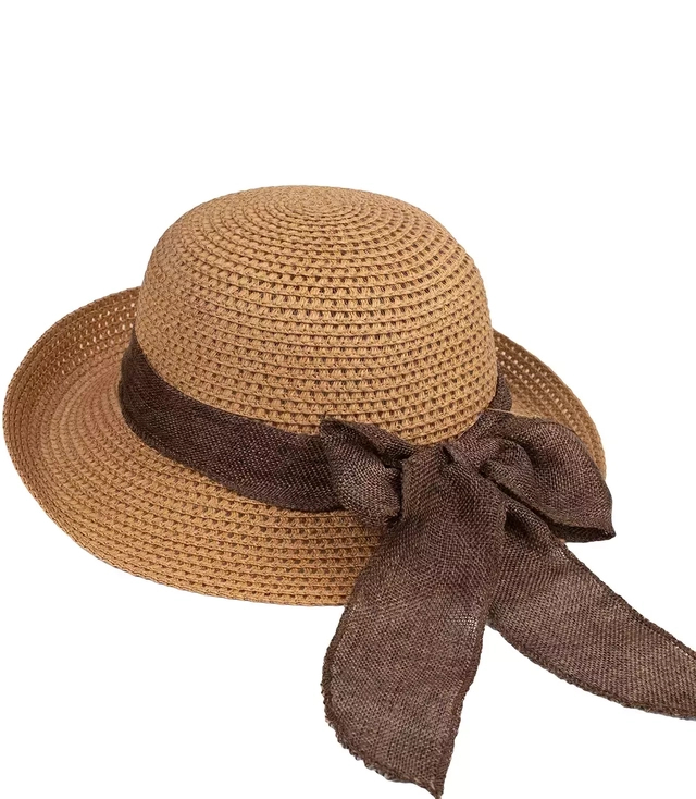 Openwork straw hat with wide ribbon bow