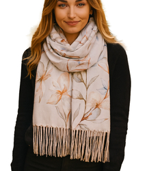 Women's scarf with a motif of small flowers tassels