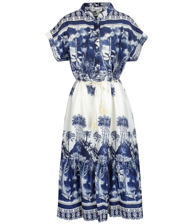 Midi safari print summer dress with a stand-up collar and a NEL belt