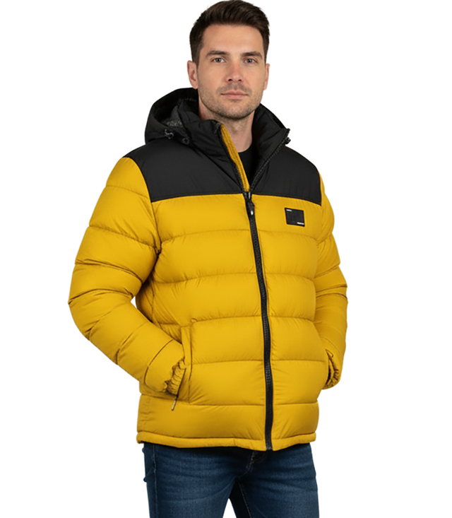 Warm men's quilted winter jacket with hood 