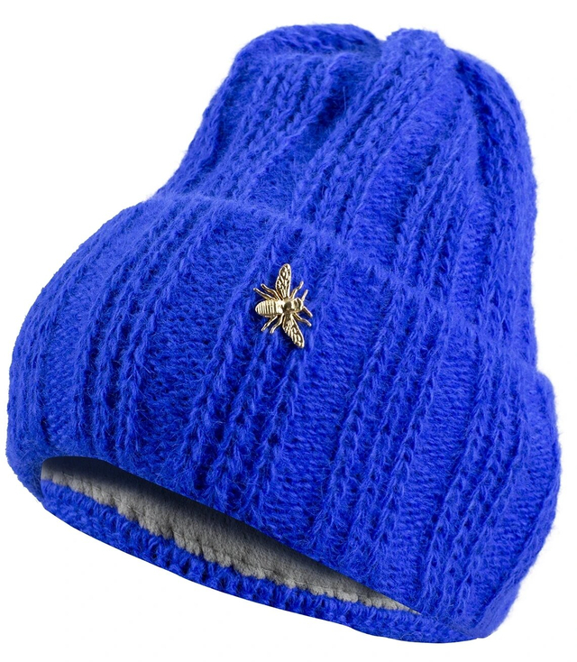 Warm women's beanie hat with fleece and a golden bee