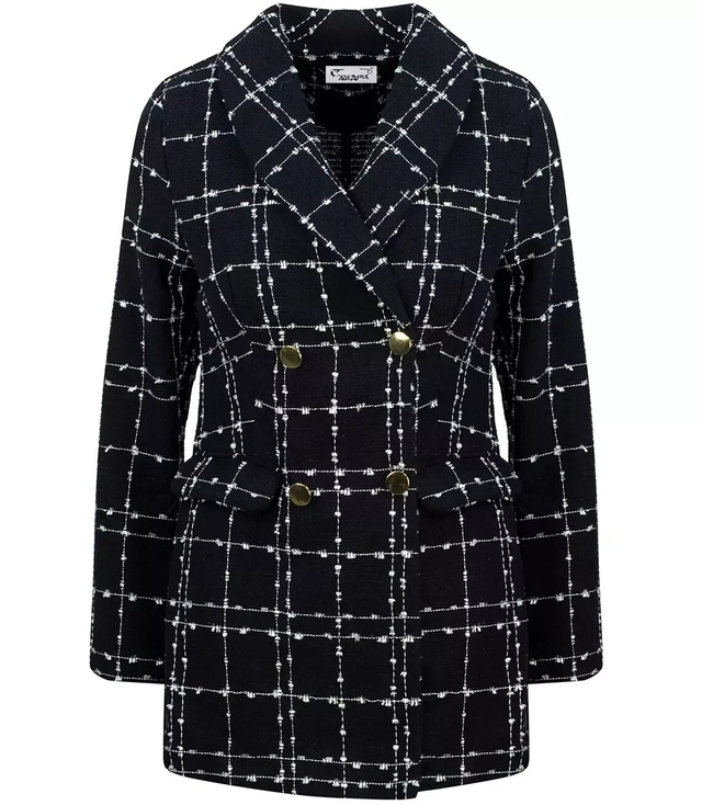 Women's double-breasted long tweed plaid jacket