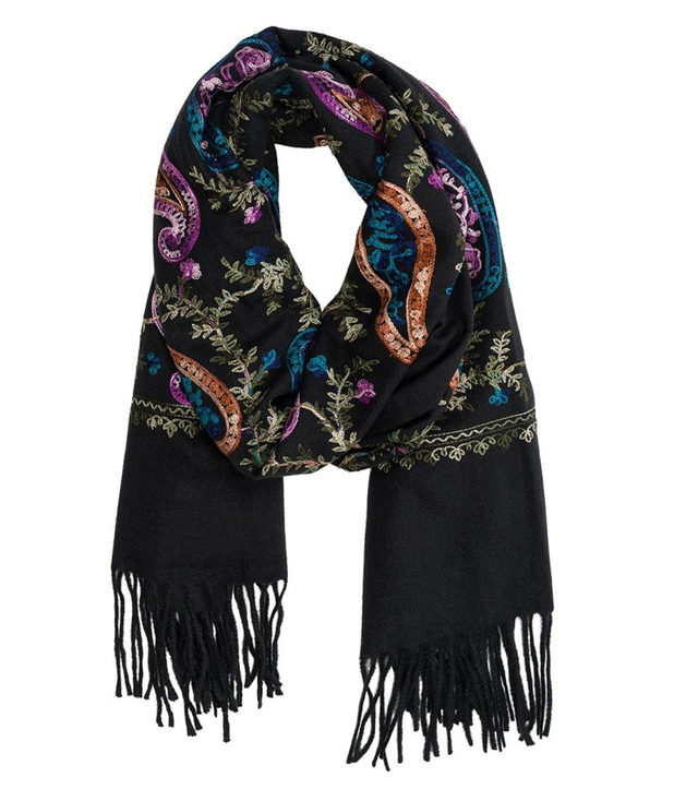 Women's scarf with embroidered pattern and tassels