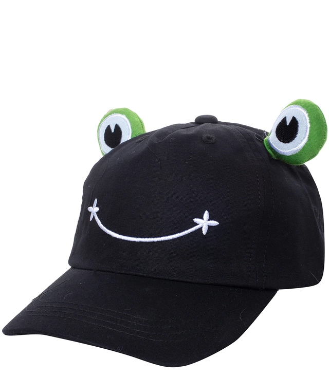 Dziecięca czapka z daszkiem ozdobiona haftem i oczami żaby