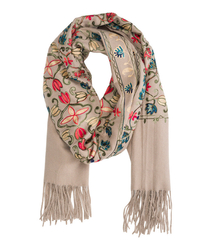 Women's scarf with embroidered pattern and tassels