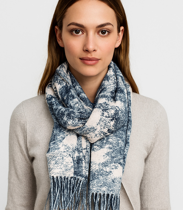 Women's scarf with floral motif and tassels elegant