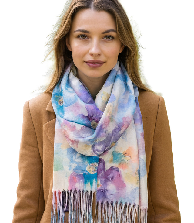 Women's scarf with floral motif and tassels elegant