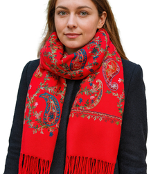Women's scarf with embroidered pattern and tassels