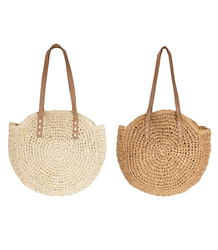 Large round woven straw beach bag 