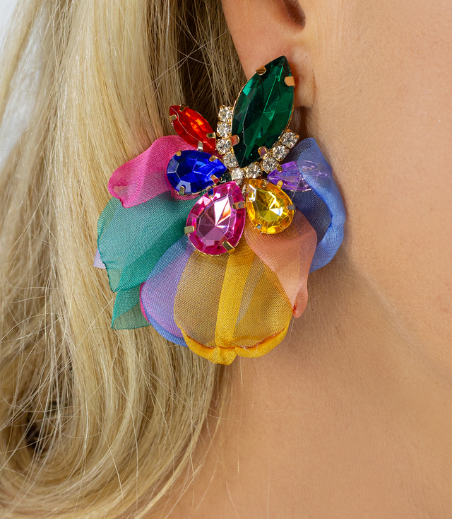 Colorful earrings with crystals and tulle 