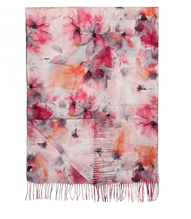 Women's scarf with floral motif and tassels elegant